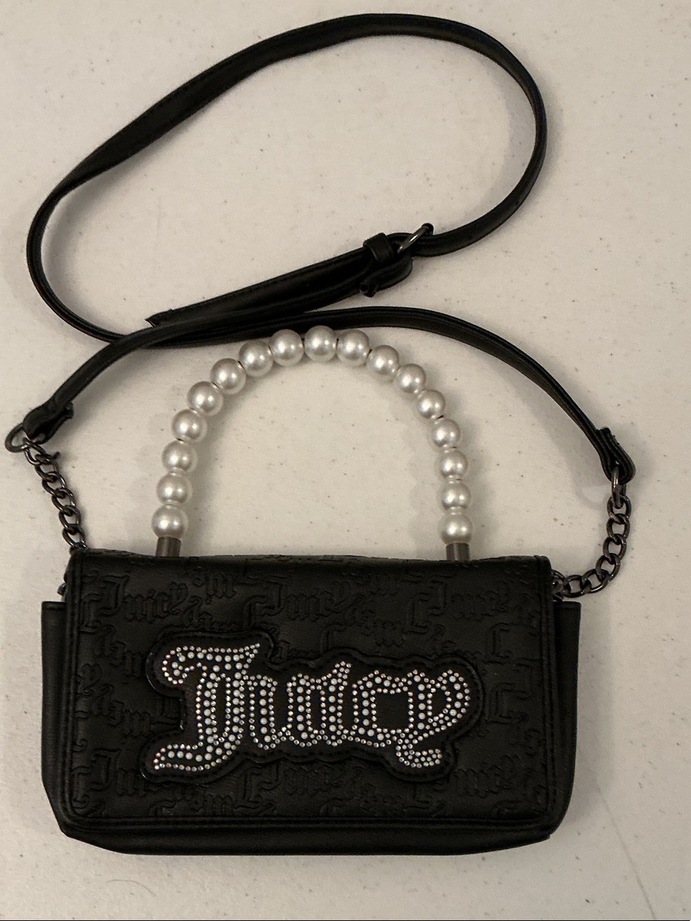 Juicy Couture Black Crossbody with Pearl Top Handle and Rhinestone Logo